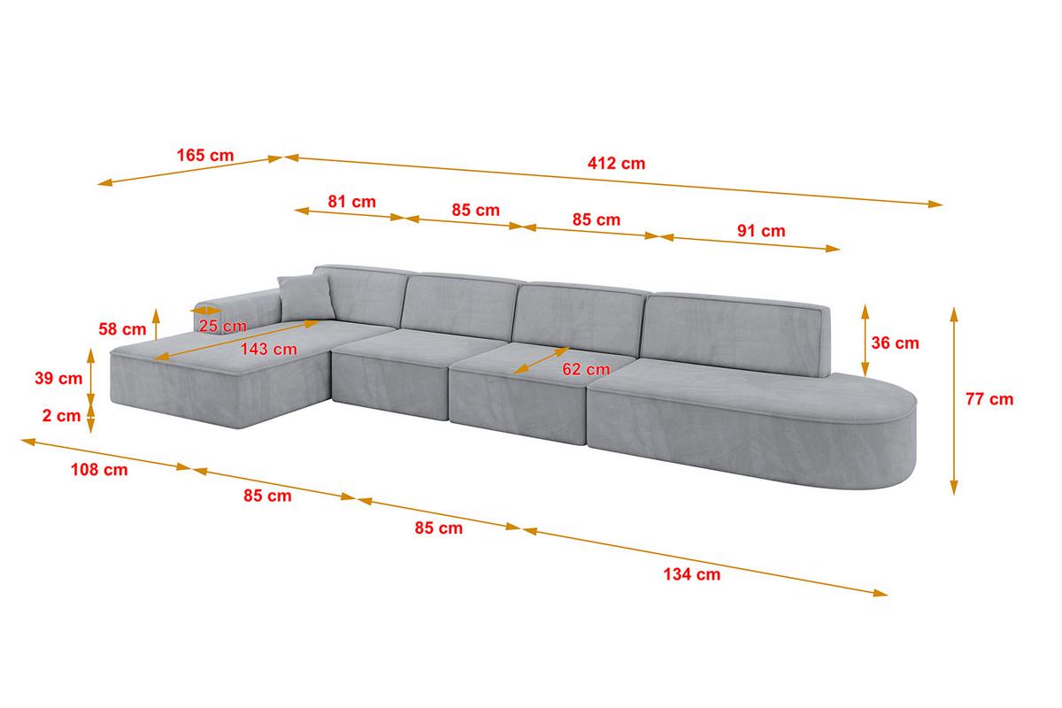 ECKSOFA Ottomane Links IREA-L3-v3 - 412x165x77 cm Grau - Titanfarben, Holzwerkstoff/Textil (412/165cm) - ALTDECOR