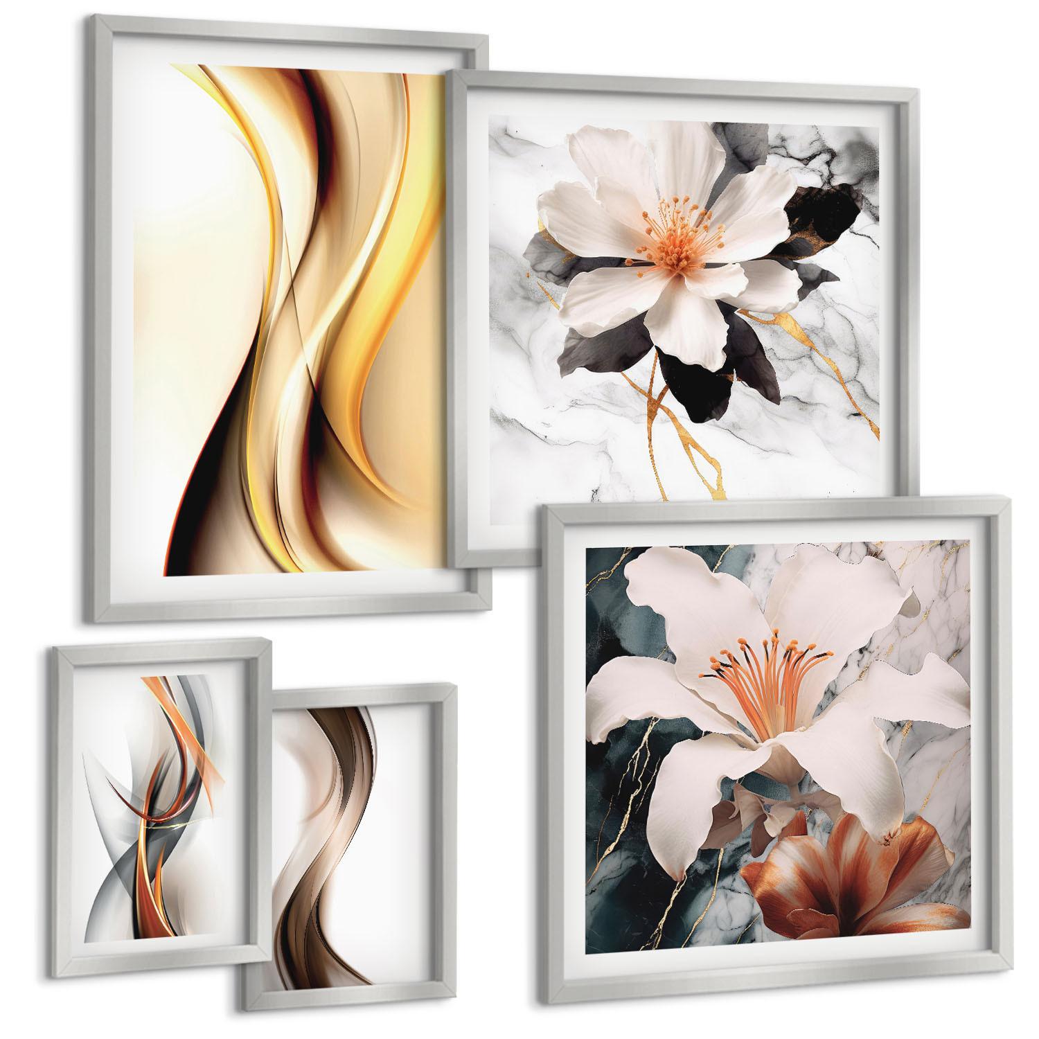 BILDER SET 5er Set - 50x50 cm & 20x30 cm & 40x60 cm Silberner Rahmen - Charmante Straßen und Pizza - Silberfarben, Kunststoff (40/60cm) - TULUP