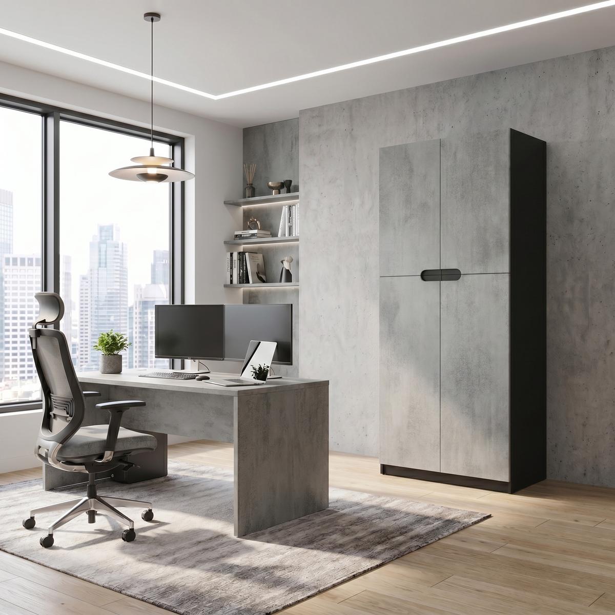 BÜROSCHRANK Logan Fronten in Beton Oxid Optik - Hellgrau, Holzwerkstoff (82/184/37cm) - Vladon
