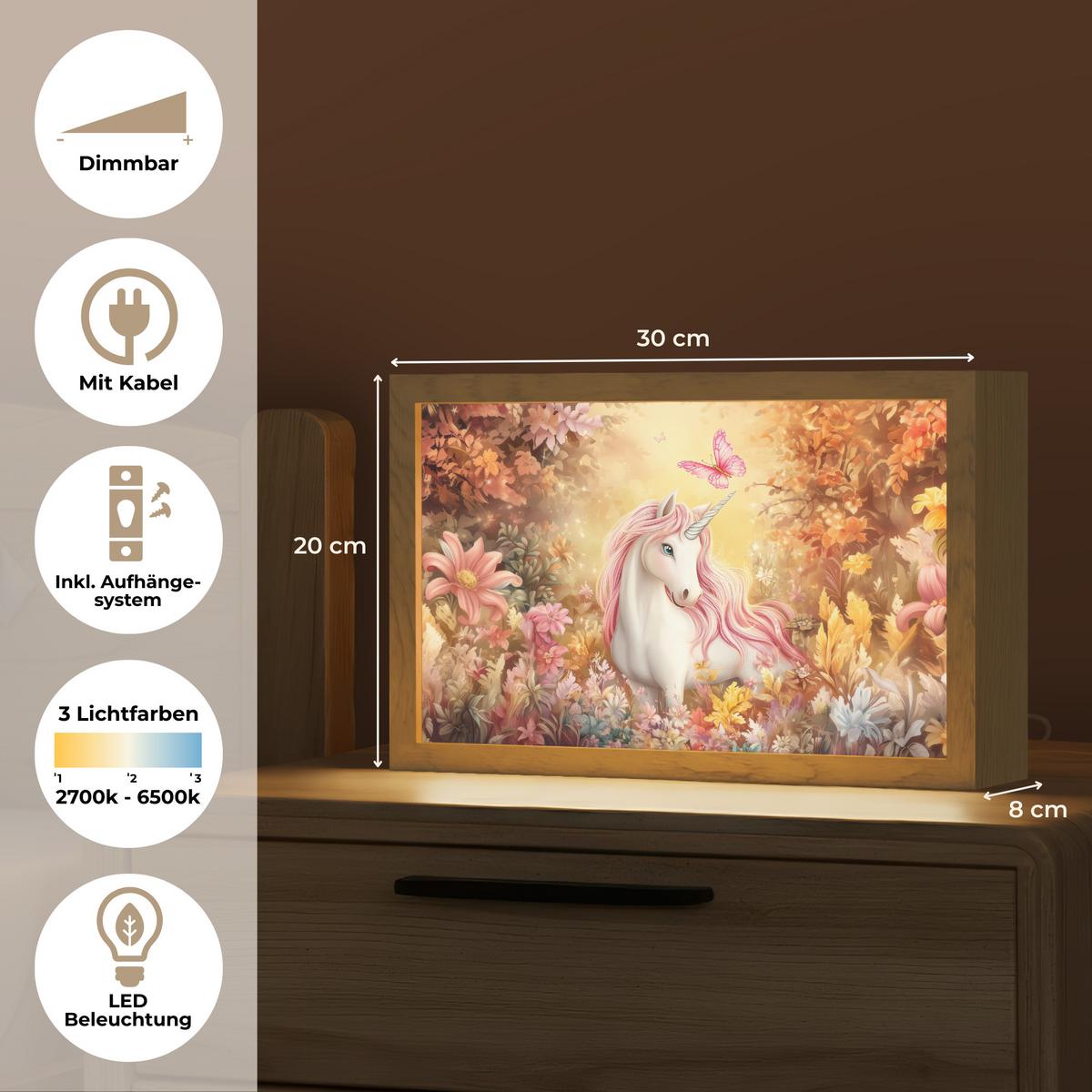 WANDLEUCHTE Einhorn - Blumen - Schmetterling - Rosa 30x20 cm - Beige, Holzwerkstoff (30/20/8cm) - OnlyWow