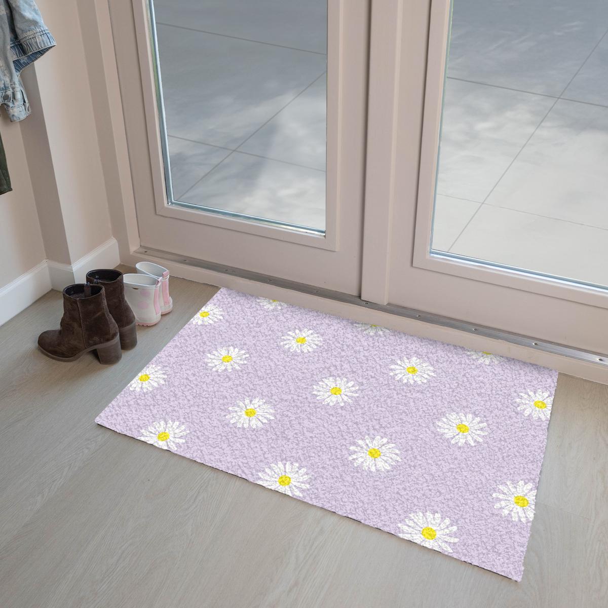 FUSSMATTE Gänseblümchen - Pastell - Weiß - Lila - Blumen Sauberlaufmatte 90x60 cm - Flieder, Kunststoff (90/0.4cm) - MuchoWow