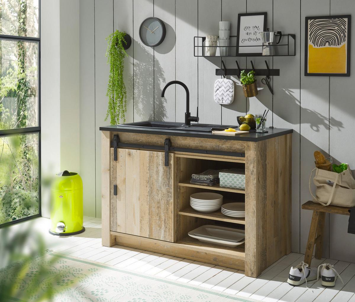 KÜCHEN-SET Used Wood hell, anthrazit, Küchenschrank Set 5-teilig mit Theke - Anthrazit/Schwarz, Glas/Holzwerkstoff (133/201/64cm) - Furn.Design