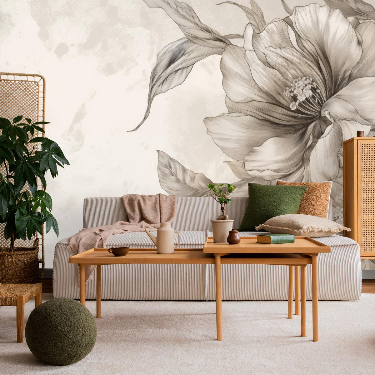 FOTOTAPETE für Schlafzimmer Zarte Beige Blumen Minimalismus Modern 500x350 - Beige, Papier (500/350cm) - Muralo