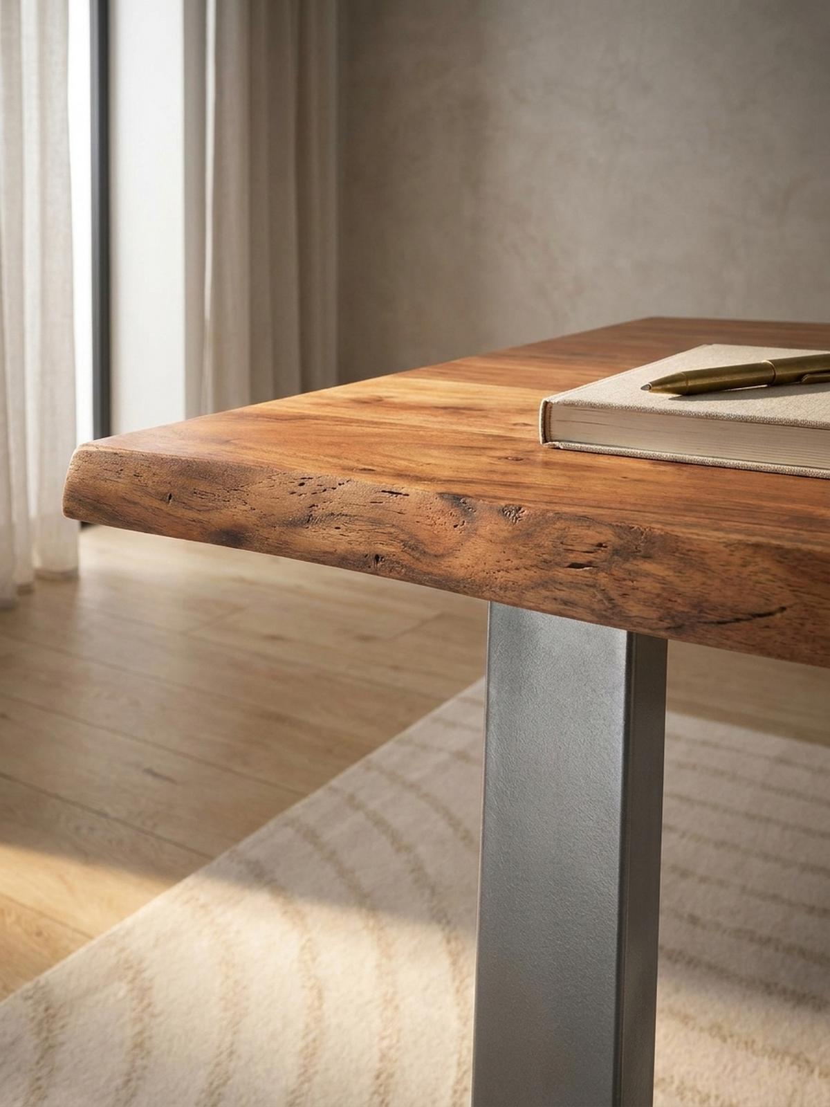 SCHREIBTISCH Massivholz Baumkante Chromgestell Handarbeit TARN, Goldbraun-Chrom 140x80x76 cm - Chromfarben/Braun, Holz/Metall (80/140/76cm) - KADIMA DESIGN