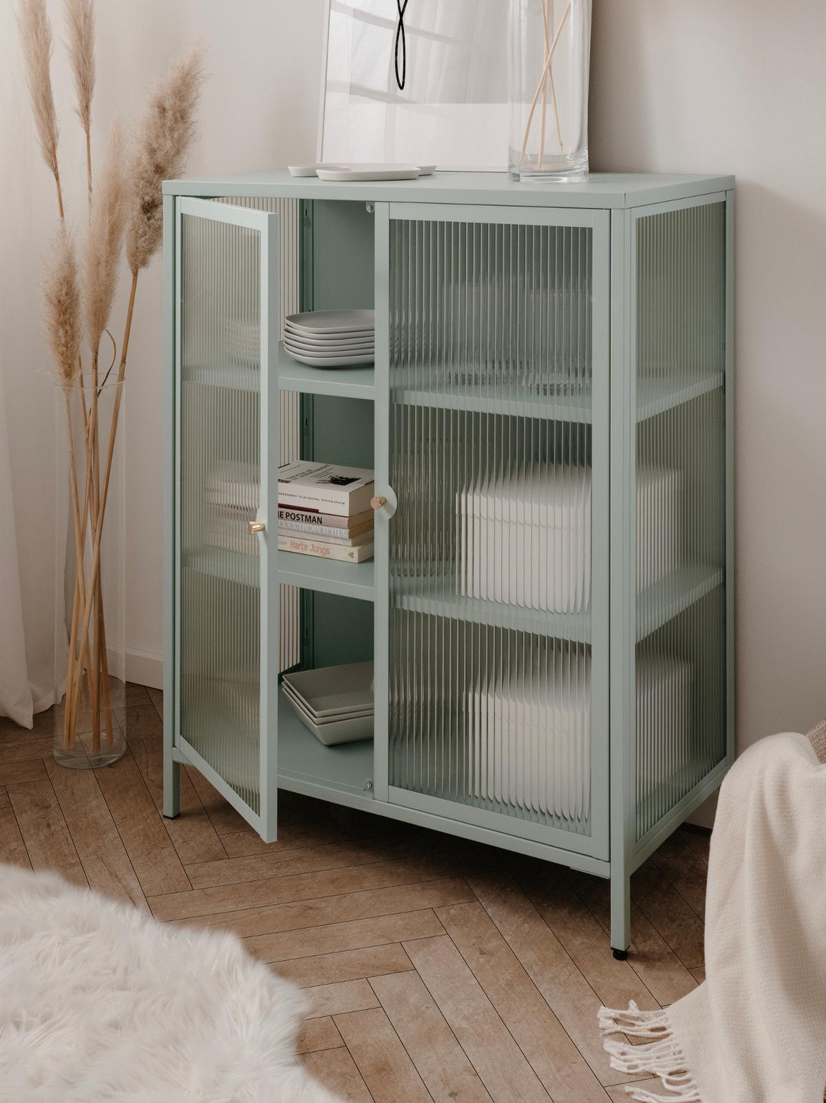 KOMMODE Metall mintgrün 80 cm, Vitrine mit stabilem Metallgestell - Goldfarben/Mintgrün, Glas/Metall (80/101.5/40cm) - Furn.Design