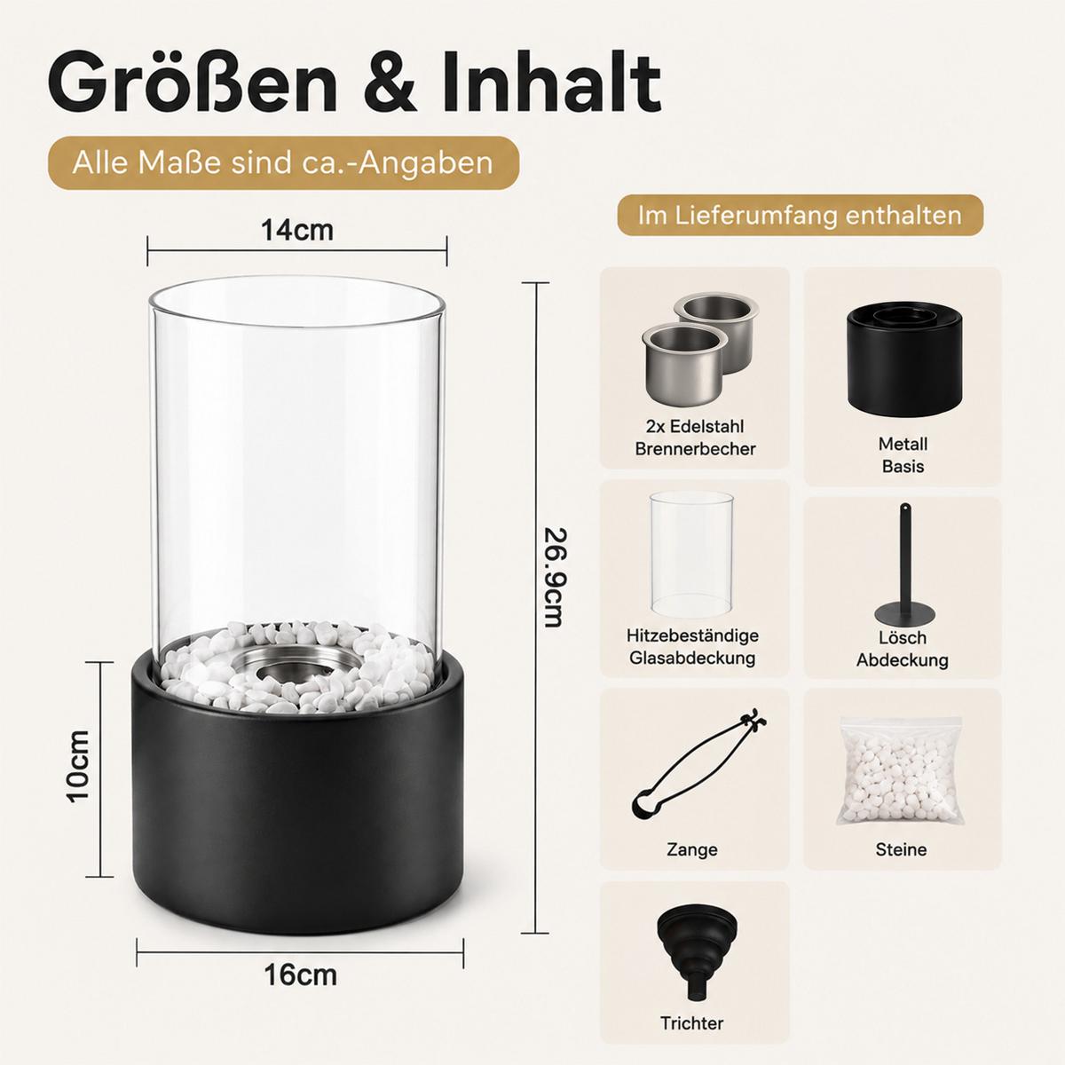 TISCHKAMIN Hylvar 16/14/26.9 cm - Schwarz, Glas/Metall (14/26.9/16cm) - ZMH