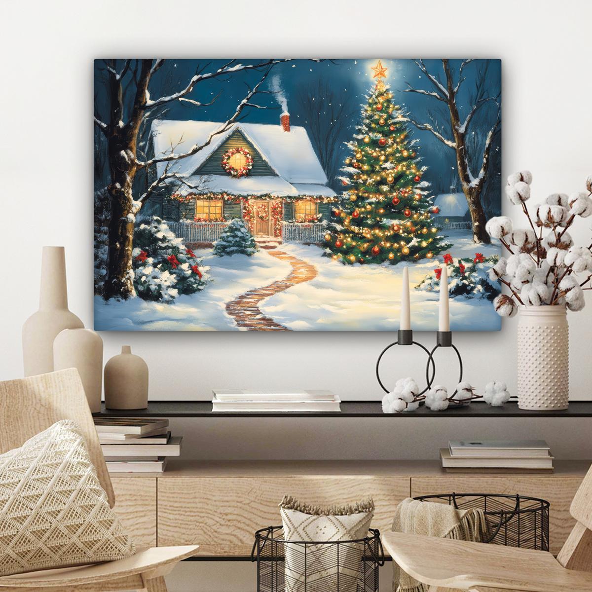 LEINWANDBILD Weihnachten - Weihnachtsbaum - Winter - Zuhause - Schnee Gemälde 60x40 cm - Smaragdgrün, Textil (60/40cm) - MuchoWow