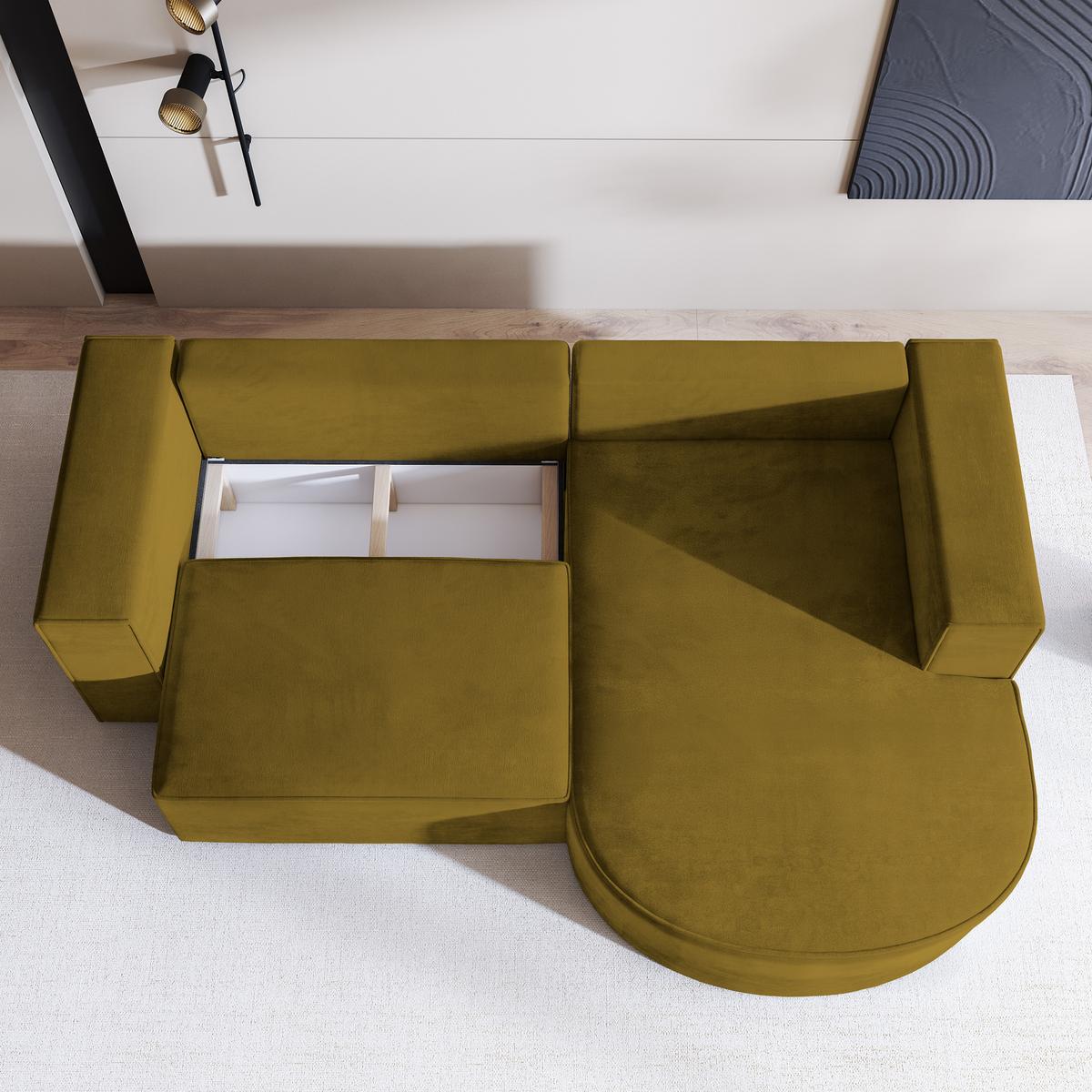 ECKSOFA SORELA M R-S Gelb Velours-Stoff mit Schlaffunktion - Gelb, Holz (263/174cm) - MASSENO