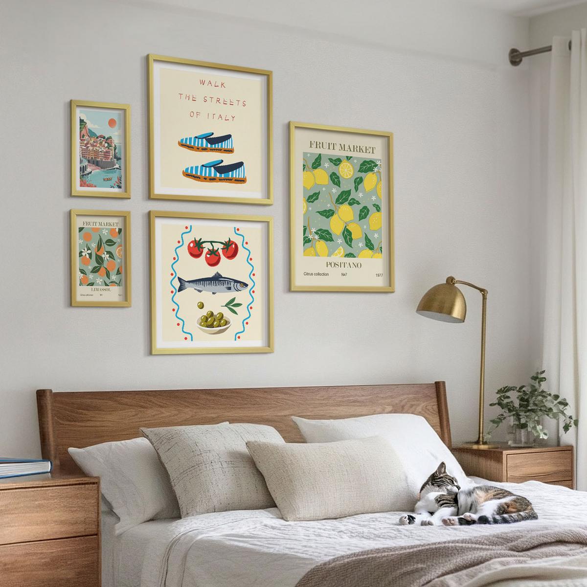 BILDER SET 5er Set - 50x50 cm & 20x30 cm & 40x60 cm Goldrahmen - Italienische Poster mit Fruchtmotiven - Goldfarben, Kunststoff (40/60cm) - TULUP