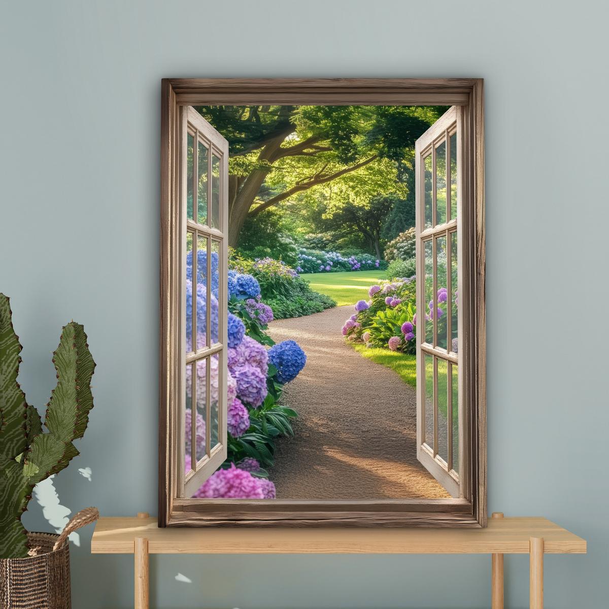 LEINWANDBILD Aussicht - Garten - Fenster - Hortensie - Blumen Wandbild Wohnzimmer 60x80 cm - Pastellblau, Textil (60/80cm) - MuchoWow