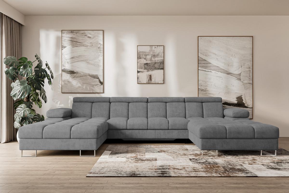 WOHNLANDSCHAFT mit Schlaffunktion und Bettkasten COMA U2 345x203x79 Grau Velours - Grau, Holzwerkstoff/Textil (345/79/203cm) - ALTDECOR