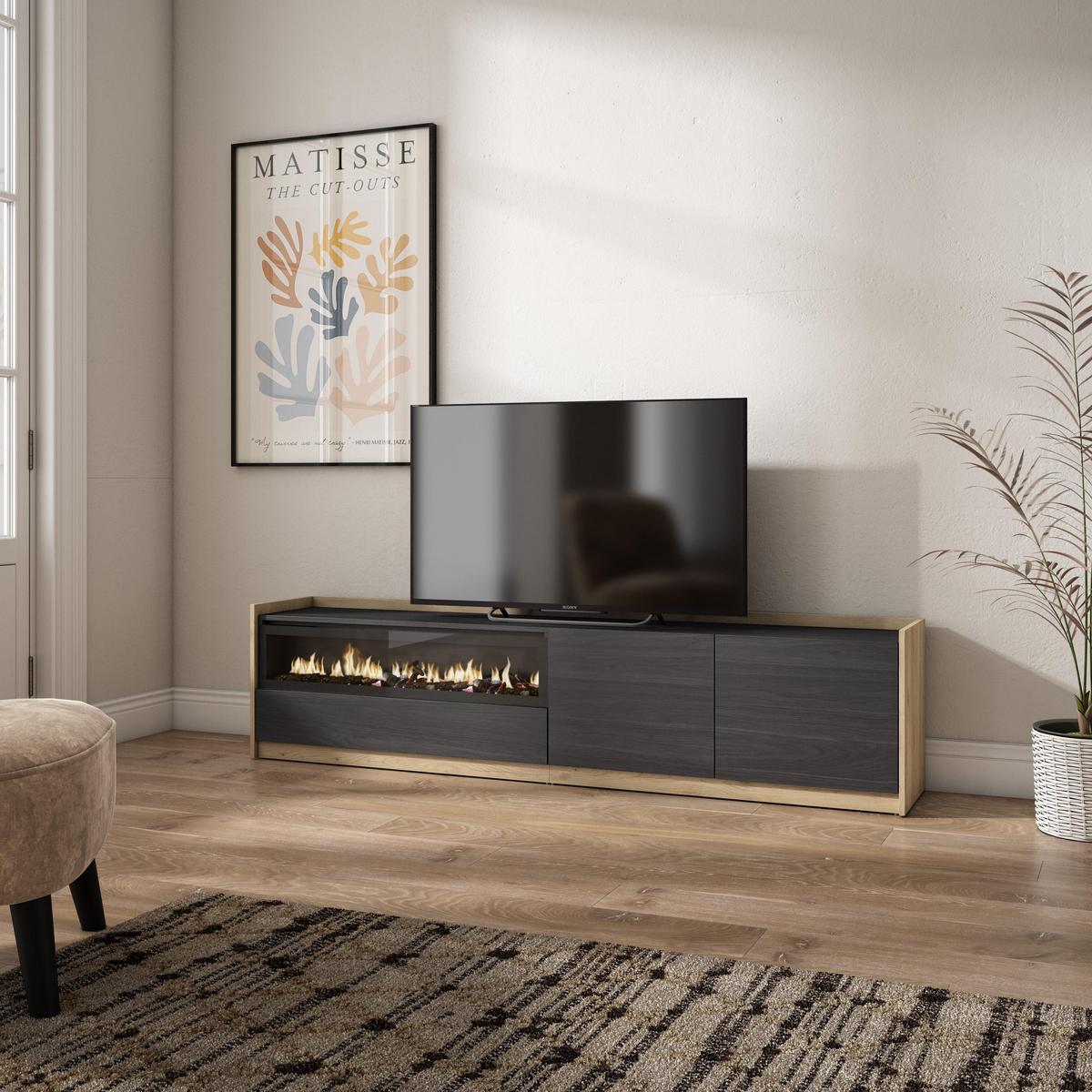 LOWBOARD, Schwarz Eiche, Elektrokamin, 207/37/50cm - Schwarz, Holzwerkstoff (207/50/37cm) - Skraut Home