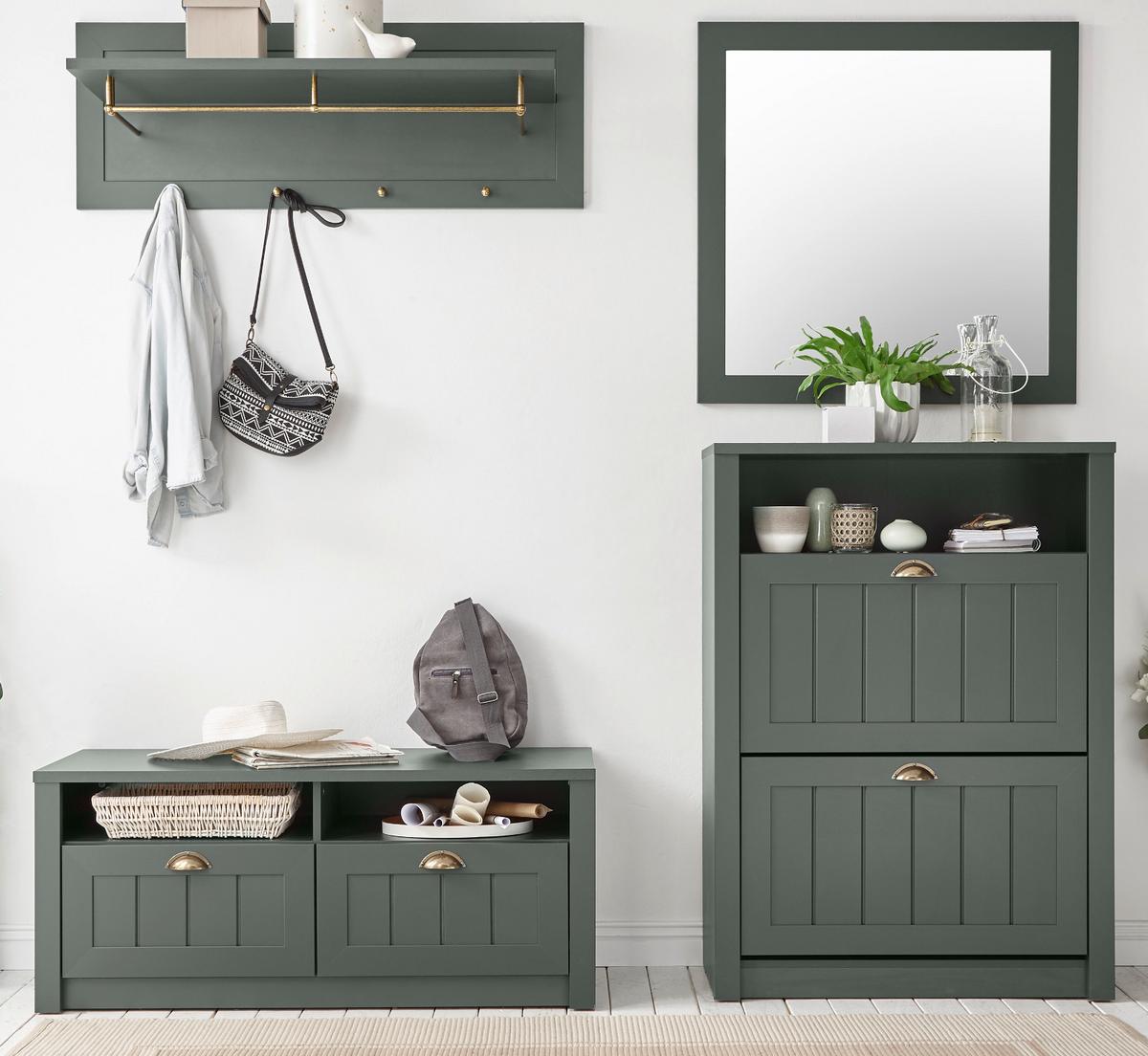GARDEROBENBANK grün, Landhausstil, Flurbank 110 x 47 cm mit Stauraum - Dunkelgrün/Goldfarben, Holzwerkstoff/Kunststoff (110/47/43cm) - Furn.Design