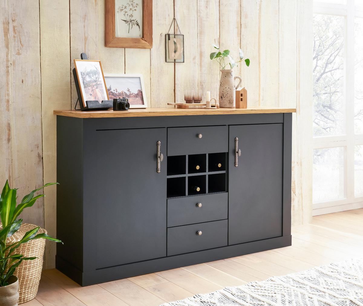 ESSZIMMER-SET 3-teilig grau, Eiche Wotan, Landhaus, Speisezimmer mit Soft-Close - Silberfarben/Eiche Wotan, Glas/Holzwerkstoff (146/169/90cm) - Furn.Design