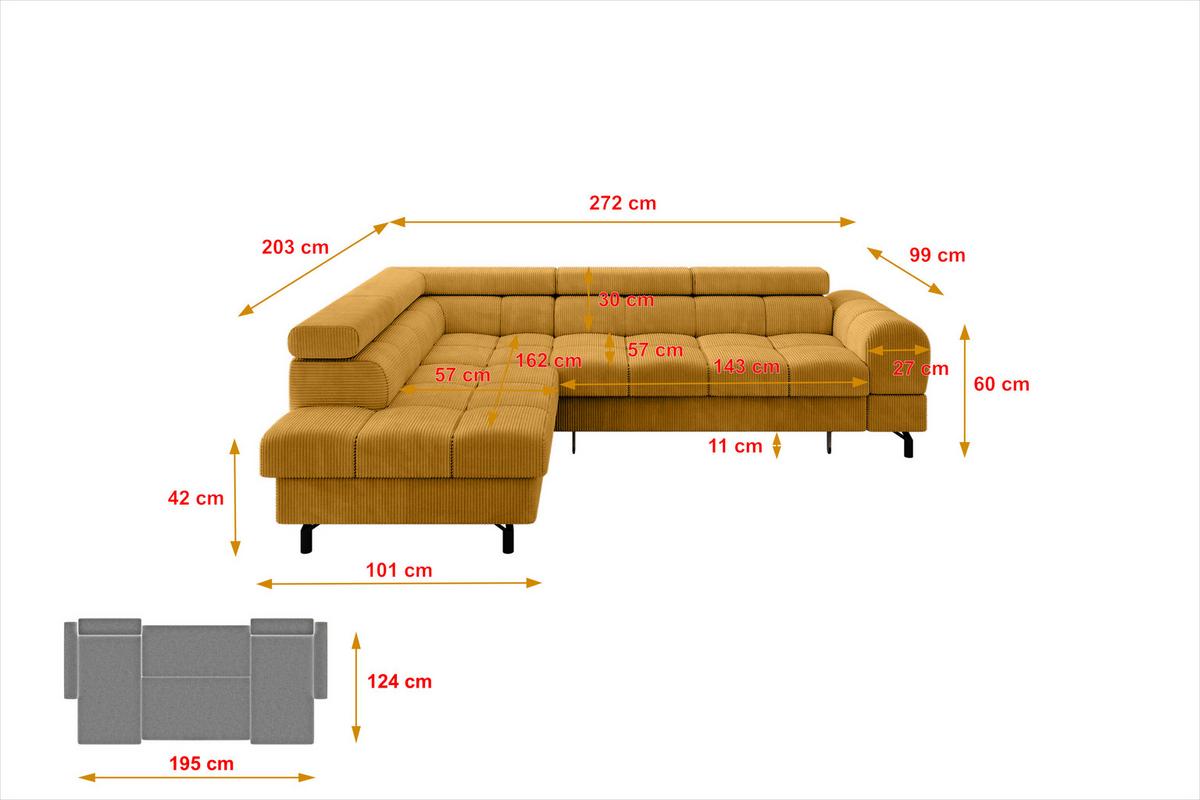ECKSOFA mit Schlaffunktion Ottomane Links LUMA-L 272x203x70 Senfgelb Cord - Schwarz/Honig, Holzwerkstoff/Kunststoff (272/203cm) - ALTDECOR