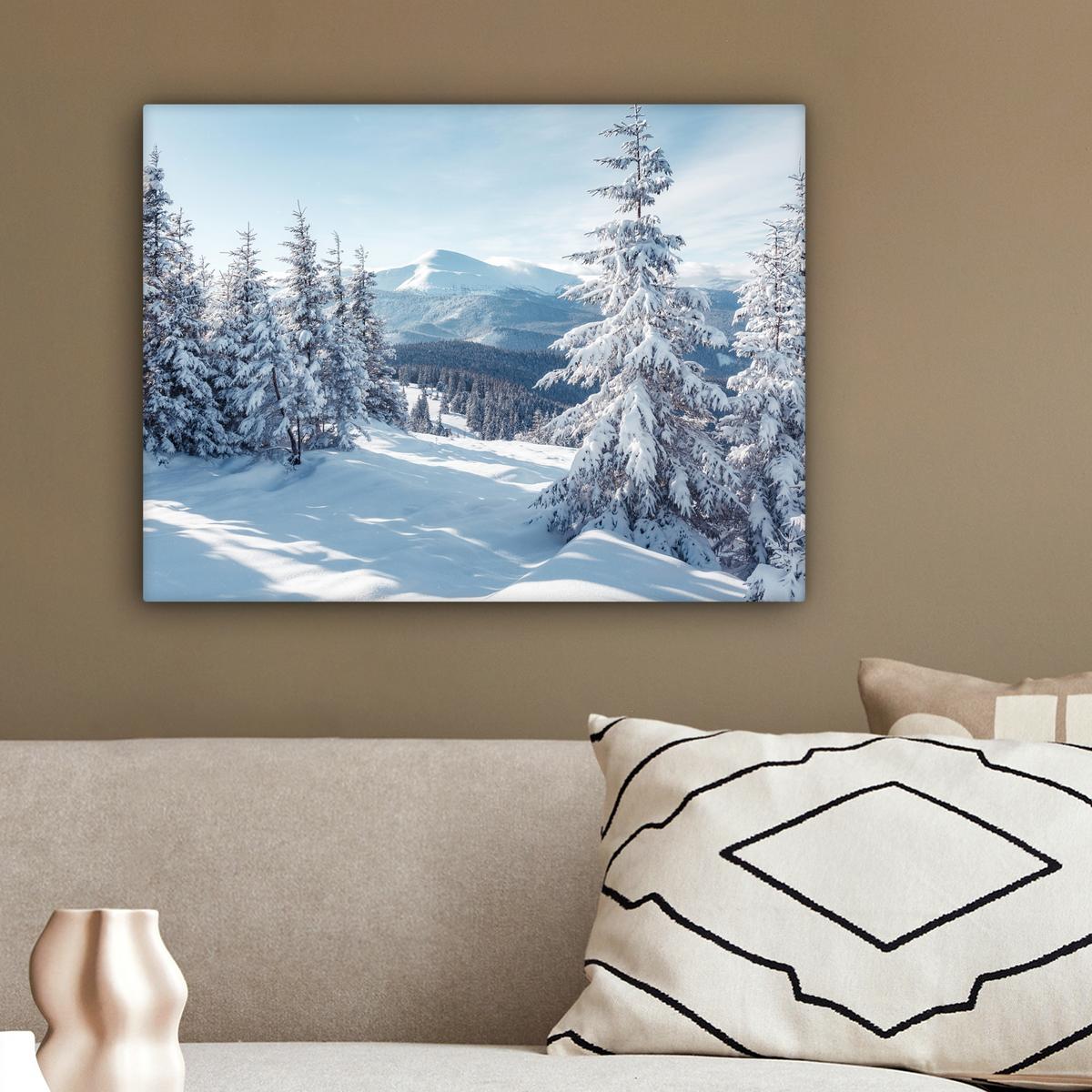 LEINWANDBILD Winterlandschaft - Natur - Berge - Bäume - Schnee Wandbild 40x30 cm - Hellblau, Textil (40/30cm) - MuchoWow