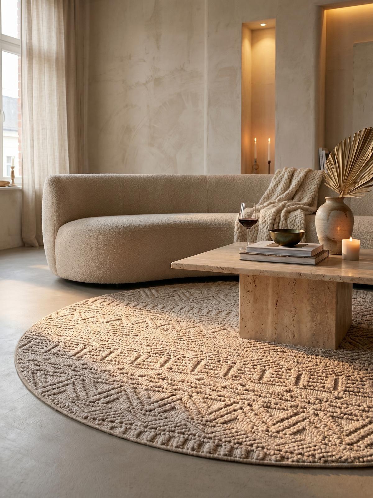 TEPPICH Flachgewebe LANGAU in Beige, mit Ethno-Streifen, Ø 120 cm - Beige, Textil (120/120cm) - KADIMA DESIGN