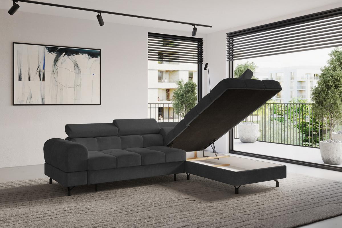 ECKSOFA mit Schlaffunktion Ottomane Rechts LUMA-L 272x203x70 Dunkelgrau Velours - Dunkelgrau/Schwarz, Holzwerkstoff/Kunststoff (203/272cm) - ALTDECOR