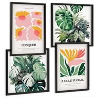 BILDER SET 4er Set - 50x50 cm & 40x60 cm Schwarzer Rahmen - Blumen und Blätter – moderne Poster - Schwarz, Kunststoff (50/50cm) - TULUP