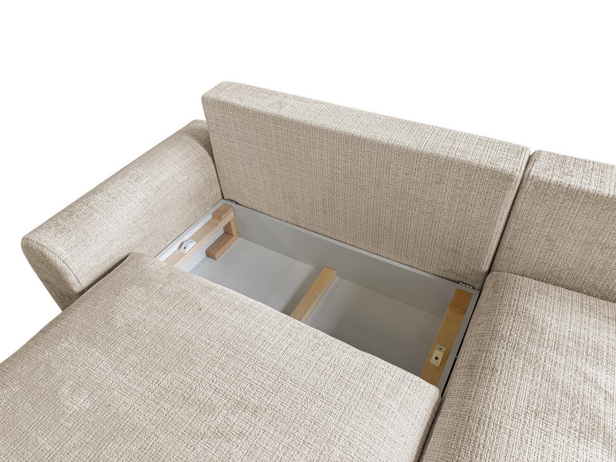 ECKSOFA Melvano mit Schlaffunktion und Bettkasten im Japandi-Stil aus weichem Dunkelbeige Chenille-Stoff - Beige/Schwarz, Holz/Kunststoff (240/145cm) - S-Style