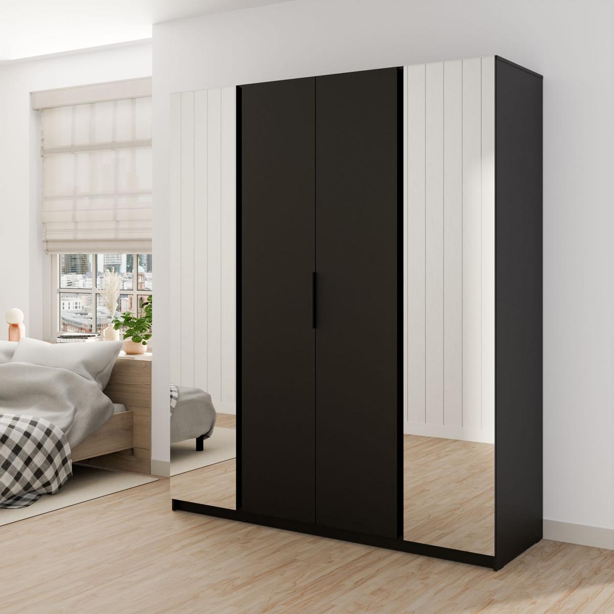 DREHTÜRENSCHRANK CAGLIARI 200/239/61,9cm 4-türig mit Spiegel Schwarz - Schwarz, Holzwerkstoff (200/239/61.9cm) - MASSENO