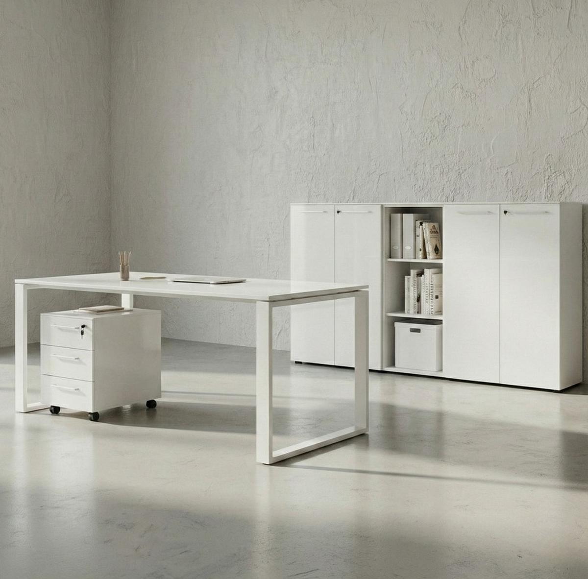 BÜRO-SET MUENCHEN 5-teilig weiß | Glasfront Abschließbar | Schreibtisch, Container, 2 Schränke, Regal - Weiß, Holzwerkstoff/Metall (80/415/120cm) - KADIMA DESIGN