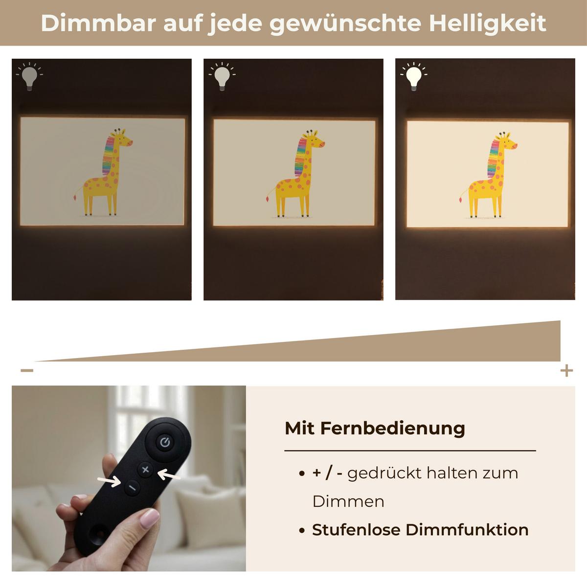 WANDLEUCHTE MIT AKKU Giraffe - Regenbogenmähne - Beige 100x70 cm - Beige, Holzwerkstoff (100/70/8cm) - OnlyWow