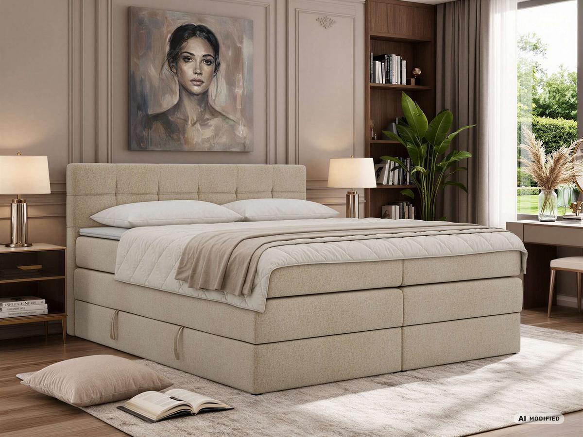 BOXSPRINGBETT SOLVEN KING 140/200 - Beige Stukture - Topper Visco - H4 - Beige/Schwarz, Kunststoff/Textil (140/200cm) - MKS