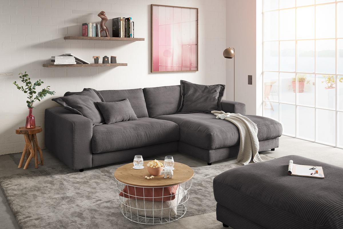 ECKSOFA MADELINE Grau Cord - Schwarz/Grau, Kunststoff/Textil (270/190cm) - KAWOLA
