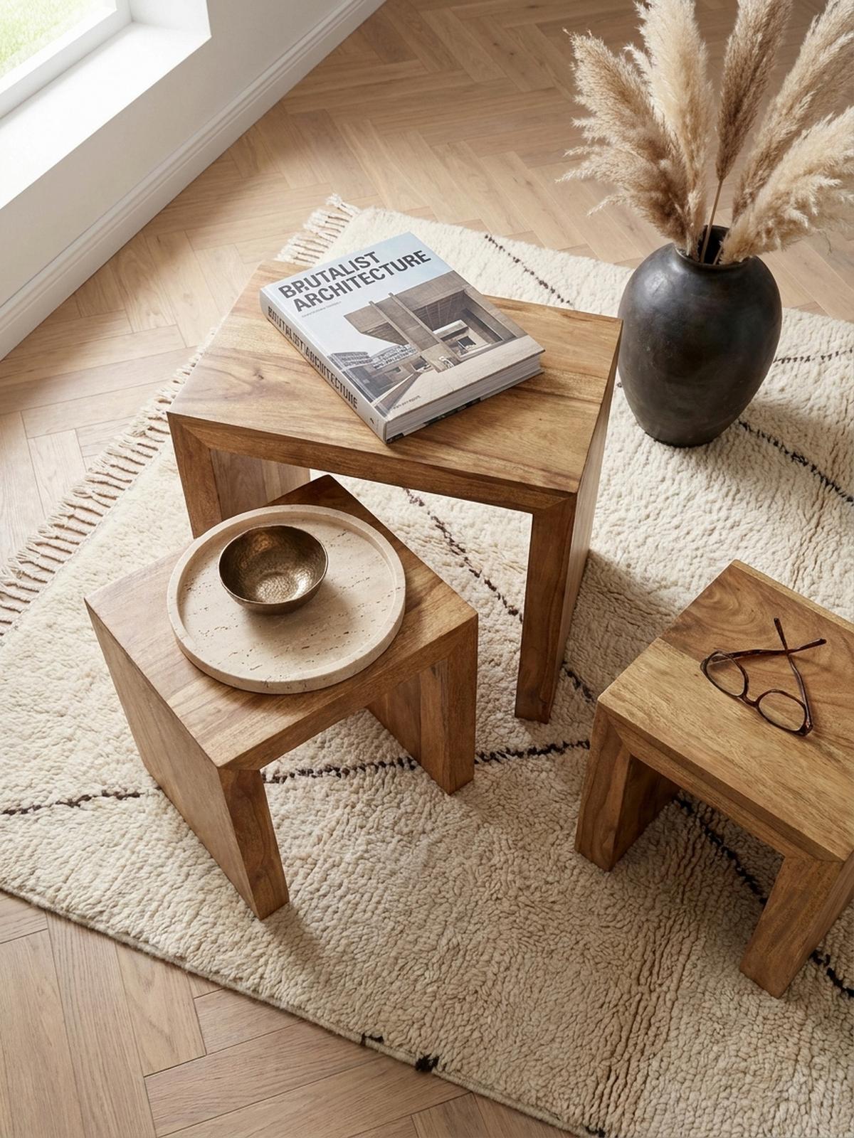 BEISTELLTISCH 3er Set Massivholz Platzsparend Handgefertigt, Beige 50x30x50 cm - Beige, Holz (30/50/50cm) - KADIMA DESIGN
