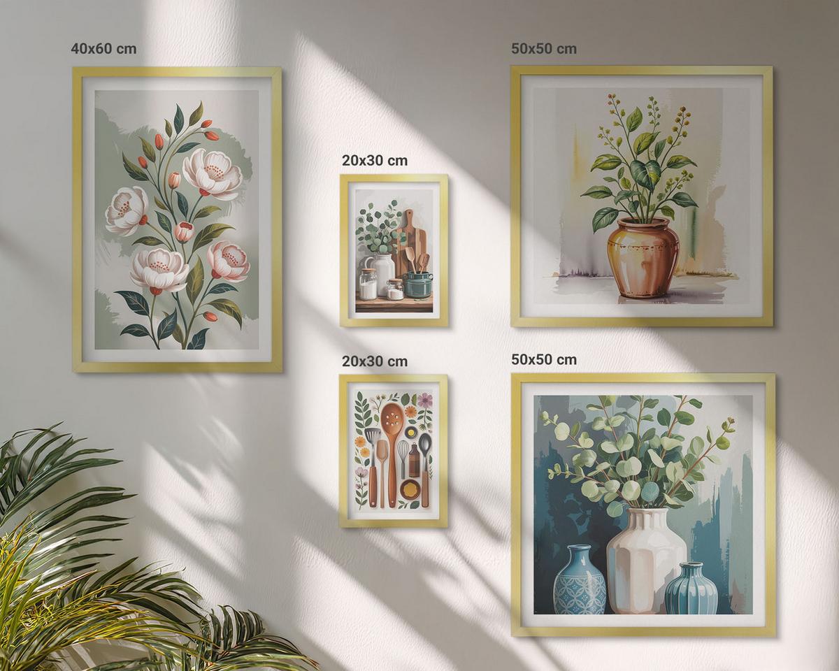 BILDER SET 5er Set - 50x50 cm & 20x30 cm & 40x60 cm Goldrahmen - Blumen und Früchte in Vasen - Goldfarben, Kunststoff (40/60cm) - TULUP