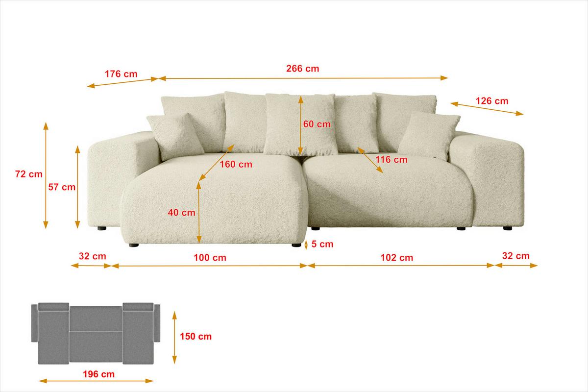ECKSOFA Ottomane rechts ESKAR-L 266x176x72 Creme Bouclé - Creme/Haselnussfarben, Holzwerkstoff/Kunststoff (176/266cm) - ALTDECOR