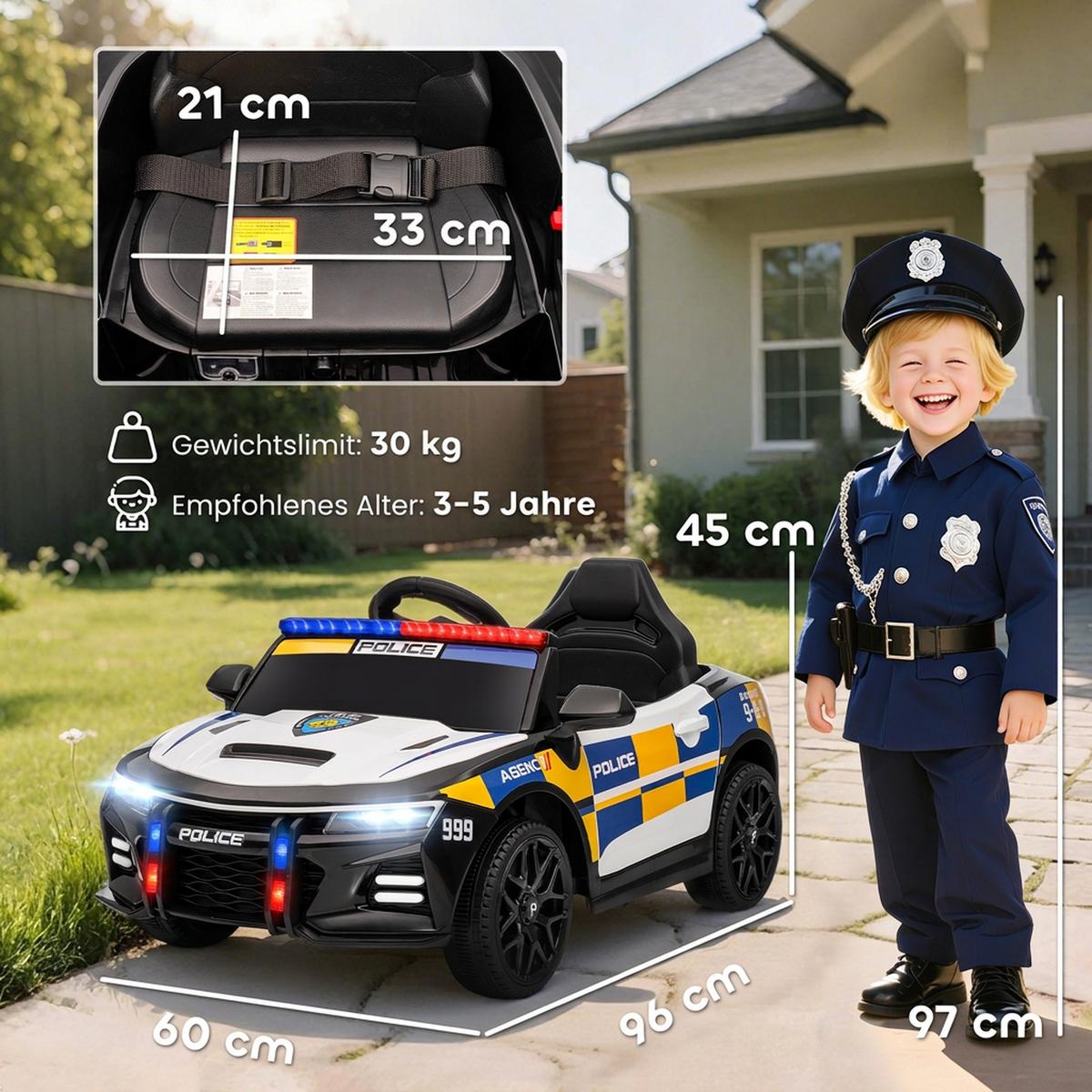 KINDER-POLIZEIAUTO Kunststoff Metall Weiß - Weiß, Kunststoff (96/60/45cm) - AIYAPLAY