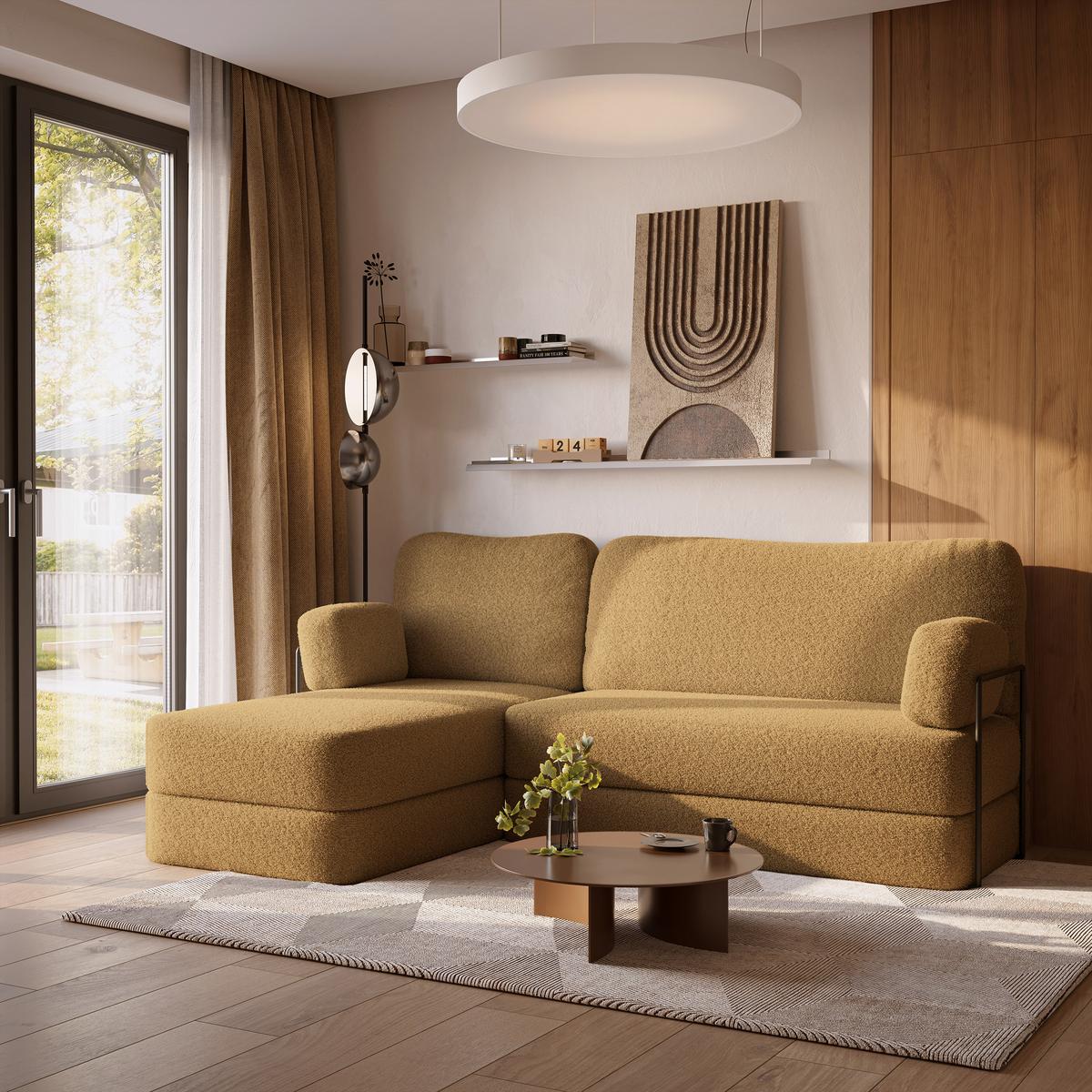 ECKSOFA SABI modulares Boneless Sofa mit Schlaffunktion Orange Boucle-Stoff - Gelb, Textil (200/120cm) - MASSENO