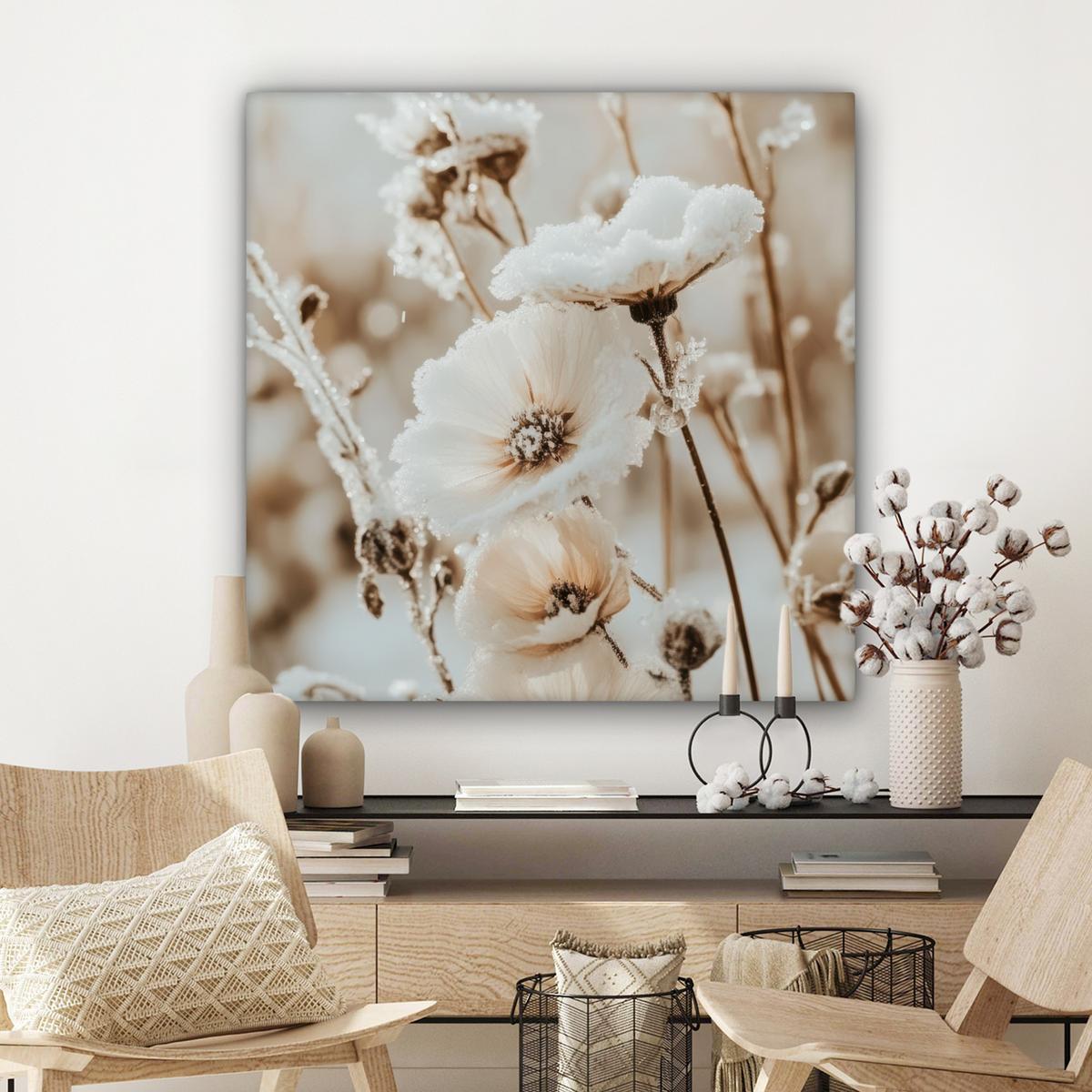 LEINWANDBILD Blumen - Winter - Weiß - Schnee - Beige Deko Groß 90x90 cm - Creme, Textil (90/90cm) - MuchoWow