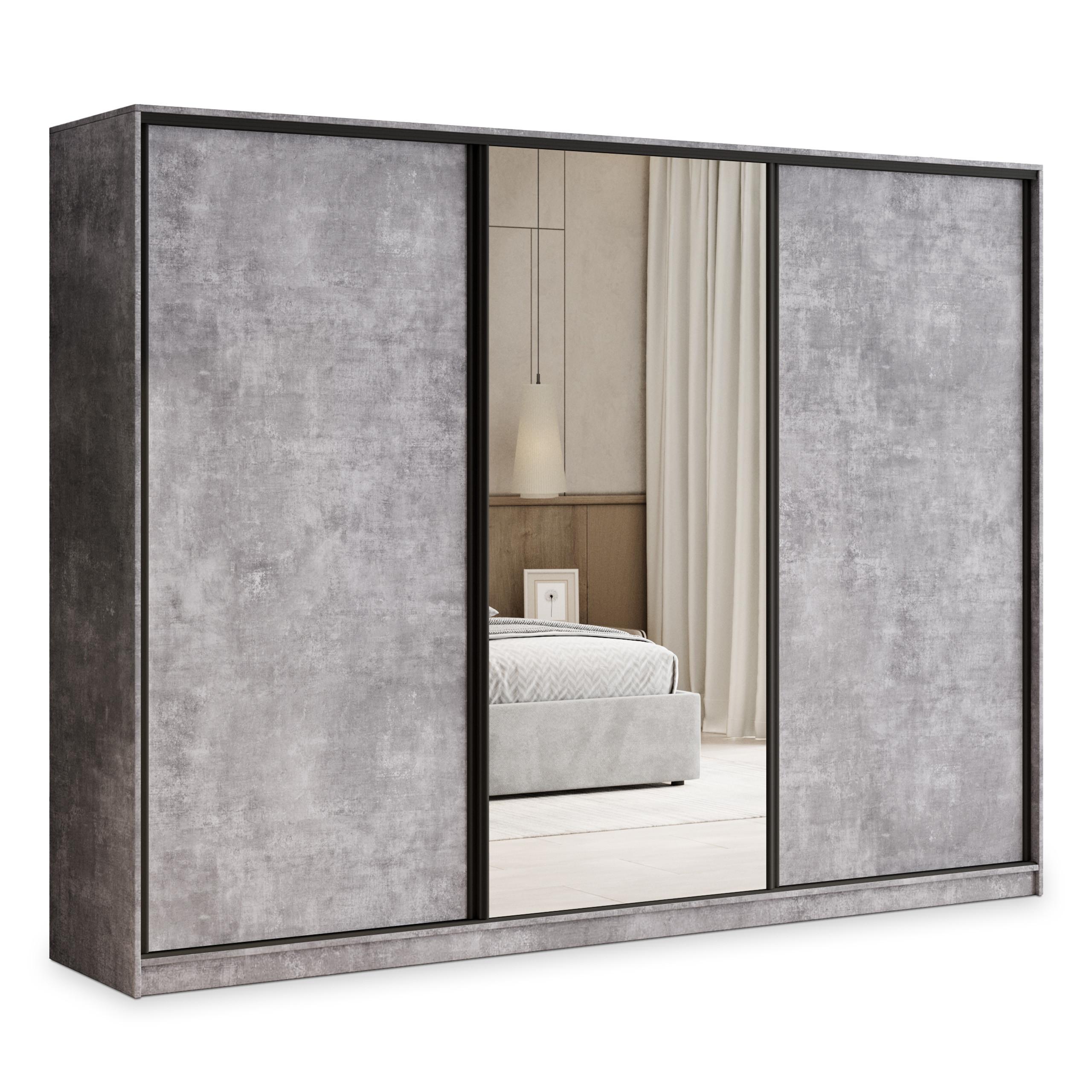 SCHWEBETÜRENSCHRANK TARI 250/205/58 cm 3-türig mit Spiegel und Schubladen Titanfarben - Titanfarben/Schwarz, Holzwerkstoff (250/205/58cm) - MASSENO