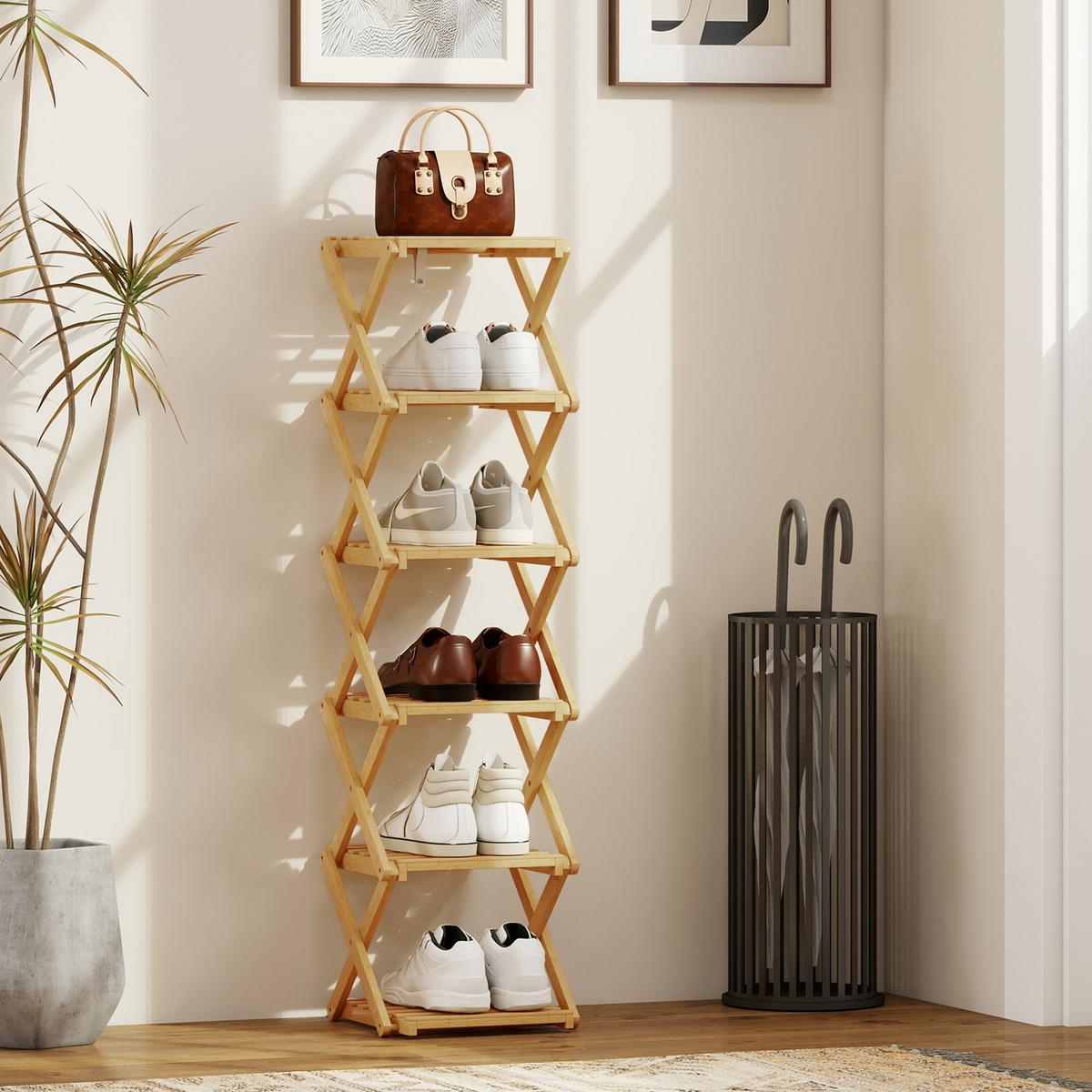 SCHUHREGAL klappbar Schuhständer mit 6 Ebenen aus Bambus für max. 9 Paar Schuhe - Naturfarben, Naturmaterialien (30/108/29cm) - HOMCOM