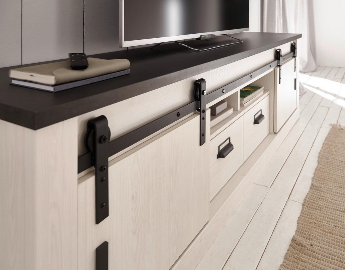 WOHNWAND weiß Pinie, anthrazit Landhaus, Wohnkombination 3-teilig 314 cm - Anthrazit/Weiß, Holzwerkstoff/Metall (314/201/43cm) - Furn.Design