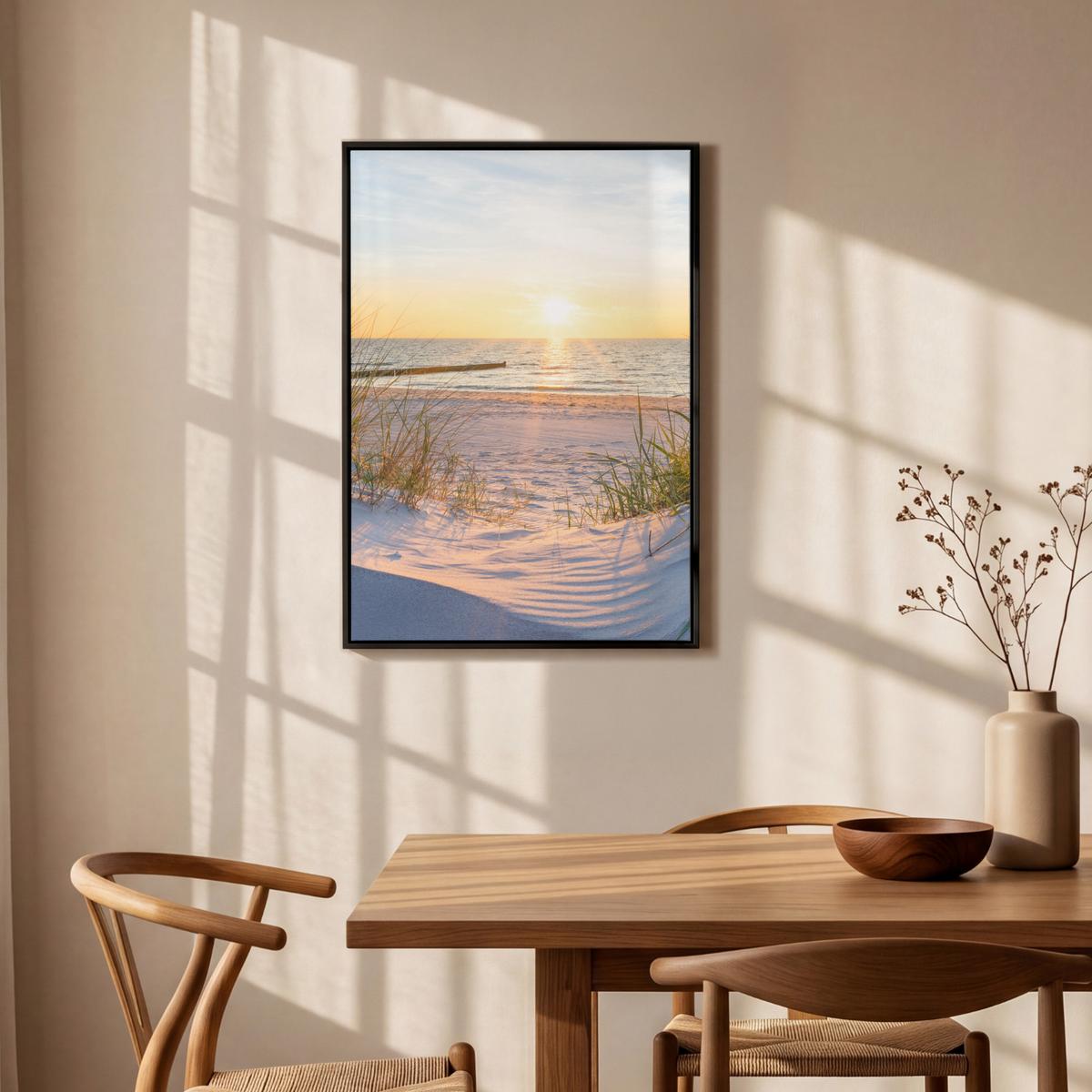 LEINWAND Bilder mit Rahmen - Strand - Sonne - Düne - Gras - Sand - Horizont - 60x90 - Hellblau, Textil (60/90cm) - MuchoWow