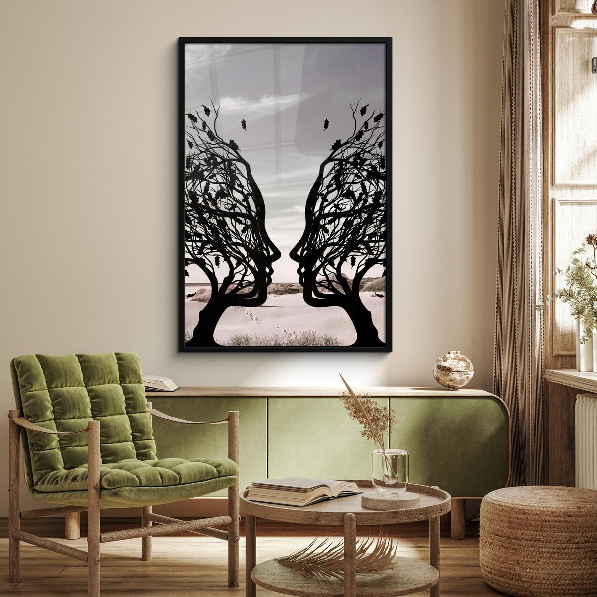POSTER MIT RAHMEN Strand - Meer - Menschen - Baum - Moderne Kunst Bilderleiste 80x120 cm - Hellgrau, Papier (80/120cm) - MuchoWow