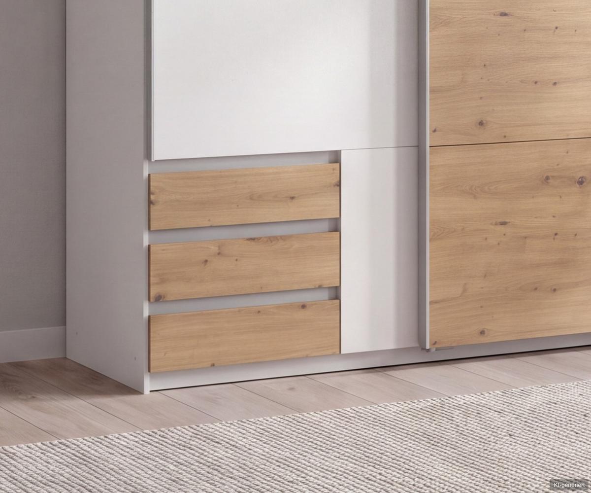 SCHWEBETÜRENSCHRANK 2-türig B135/H198/T65 cm, Kleiderschrank in Weiß, 1x Tür & sichtbare Schubkästen in Eiche Artisan Dekor / 22662 - Eichefarben/Alufarben, Holz/Holzwerkstoff (135/198/65cm) - luma-home