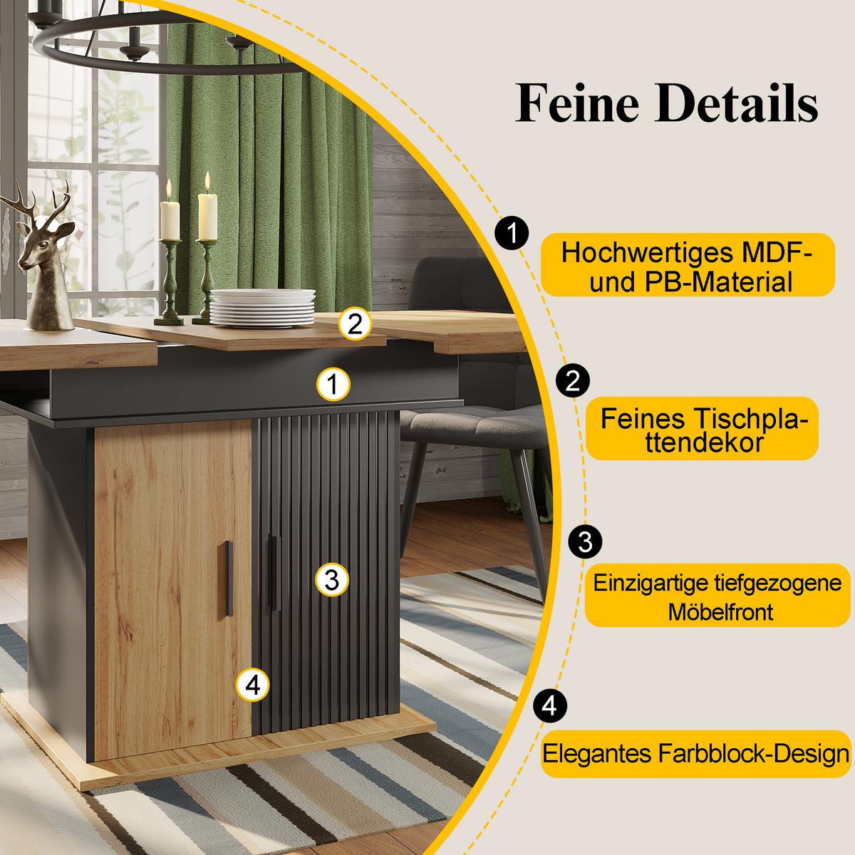 ESSTISCH Ausziehbar 110-140cm Schwarz & Natur Teleskoptisch mit Stauraum - Naturfarben, Holzwerkstoff (80/110/75cm) - Urban Meuble