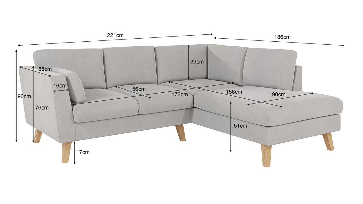 ECKSOFA Mario Silber Microfaser - Silberfarben/Naturfarben, Buchenholz/Textil (221/186cm) - S-Style Möbel