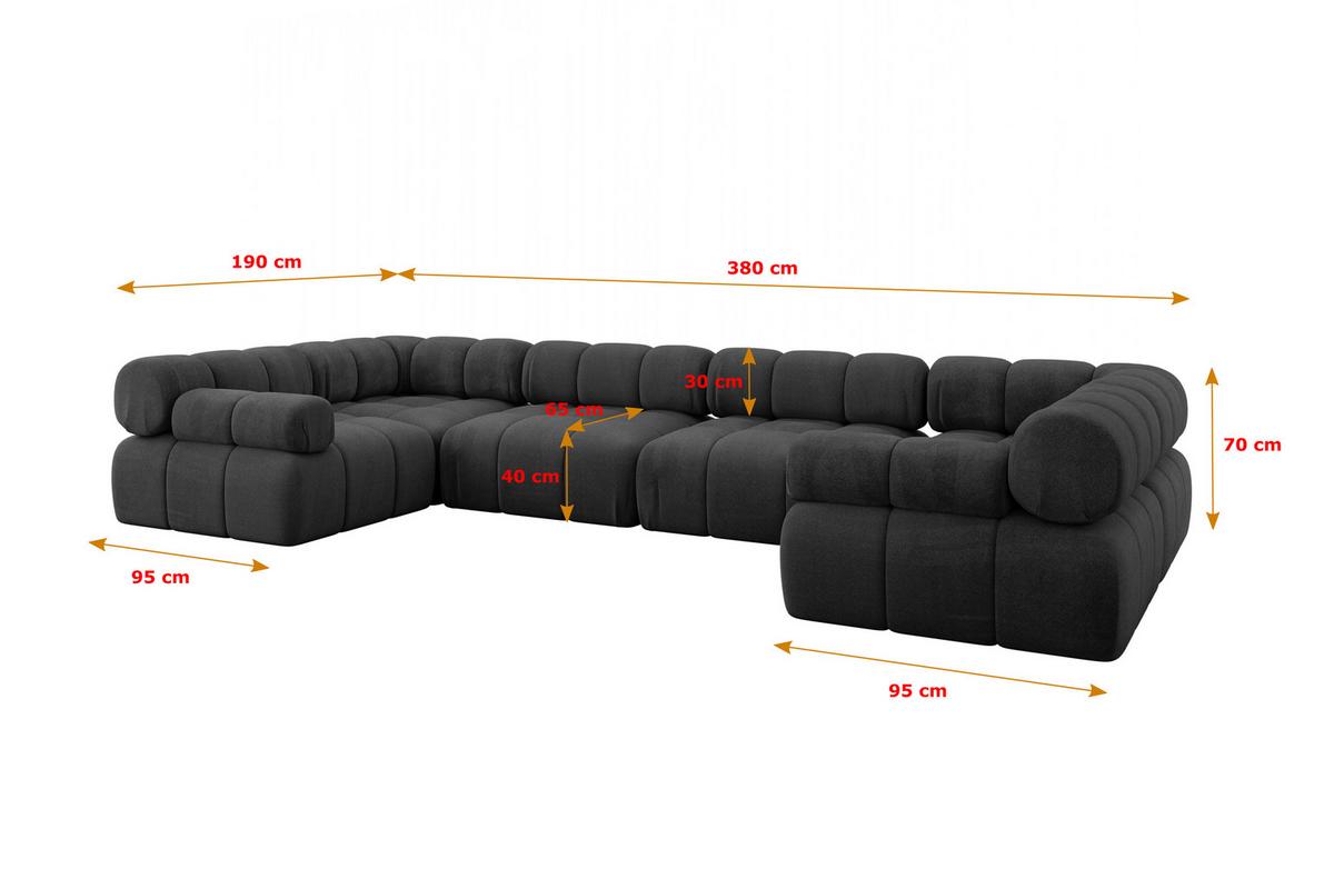 WOHNLANDSCHAFT modulares Sofa Birno-U2 - 380x190x70 cm Schwarz Velours - Schwarz, Holzwerkstoff/Textil (380/70/190cm) - ALTDECOR