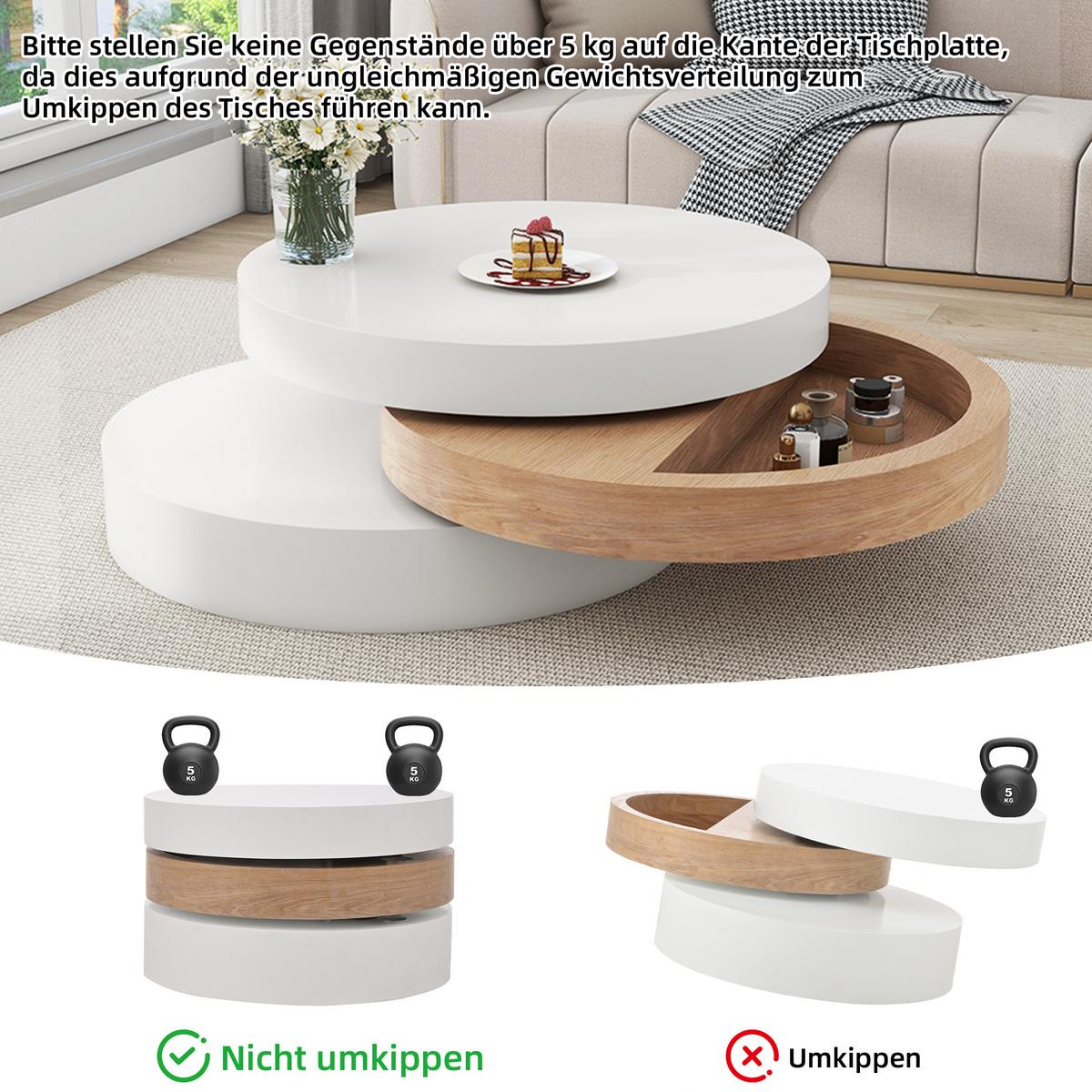 COUCHTISCH Zylindrisch Weiß & Natur 360° Drehbar mit Stauraum - Naturfarben, Holzwerkstoff (60/60/35.1cm) - Urban Meuble