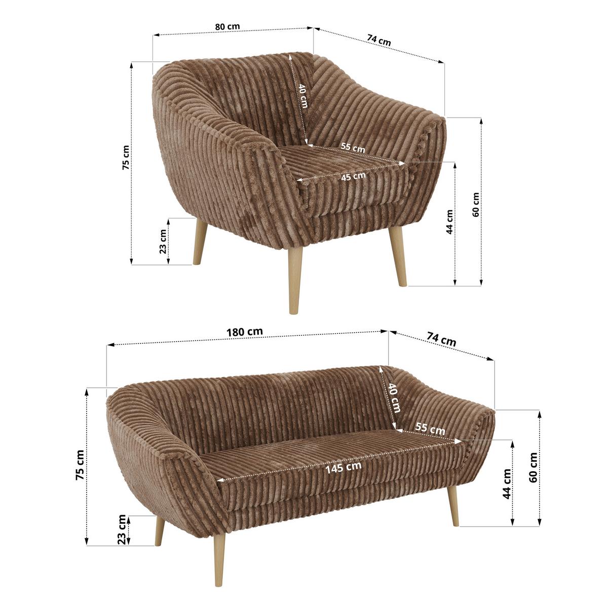 SITZGARNITUR PIRS 3+1+1 - Braun Cord - Holzbeine - Buchefarben/Braun, Holzwerkstoff/Textil (180/75/74cm) - MKS