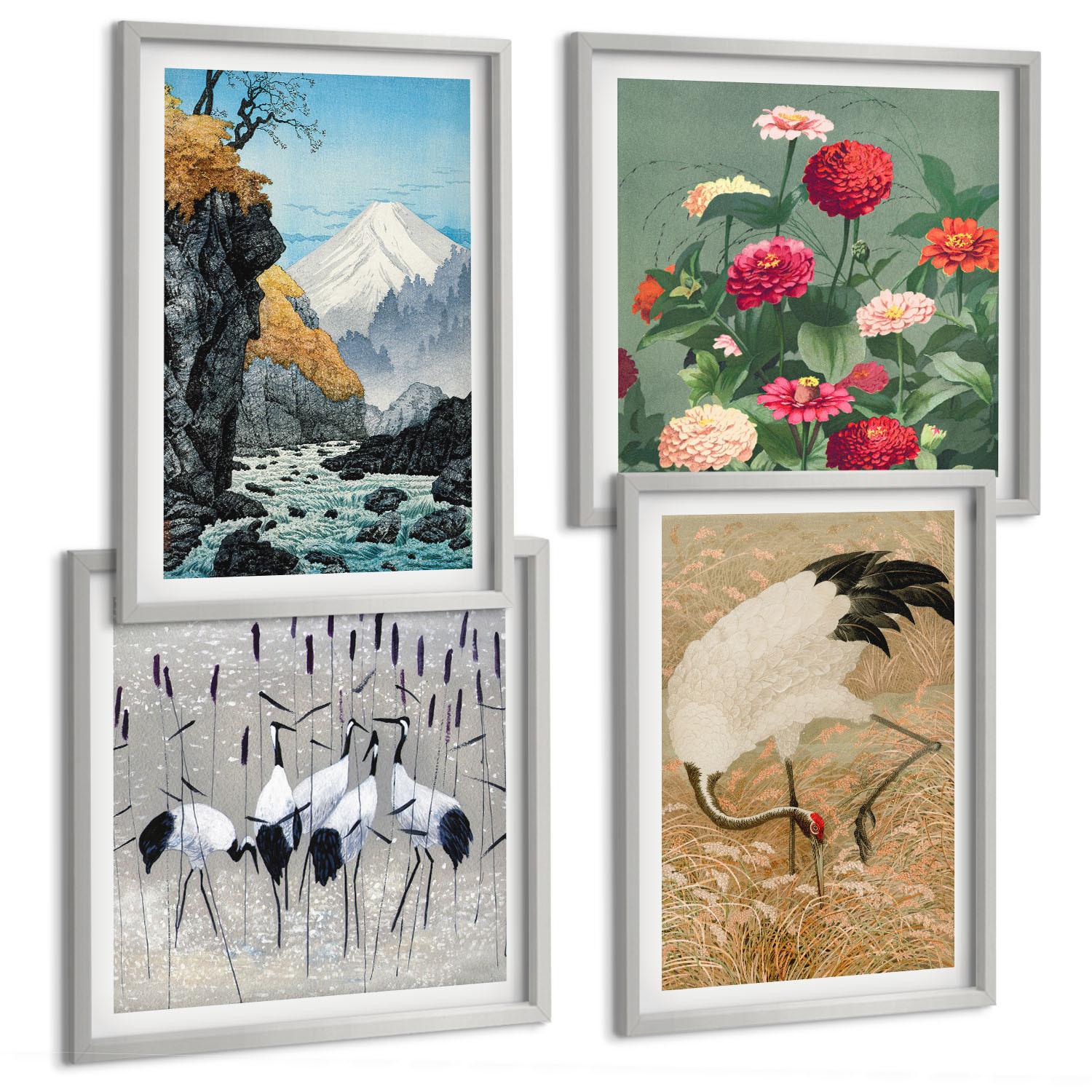 BILDER SET 4er Set - 50x50 cm & 40x60 cm Silberner Rahmen - Berge, Fluss, Blumen, Kraniche - Silberfarben, Kunststoff (50/50cm) - TULUP