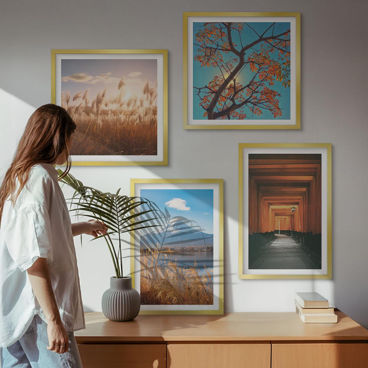 BILDER SET 4er Set - 50x50 cm & 40x60 cm Goldrahmen - Japanische Naturlandschaften - Goldfarben, Kunststoff (50/50cm) - TULUP