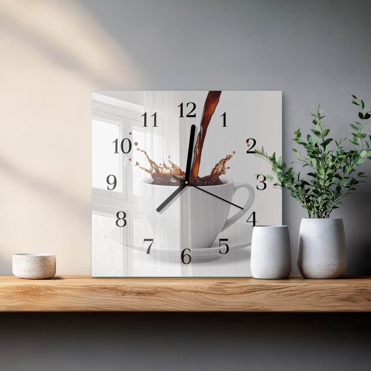 WANDUHR aus Glas 30x30 cm - Tasse Kaffee - Weiß, Glas (30/30/0.4cm) - TULUP