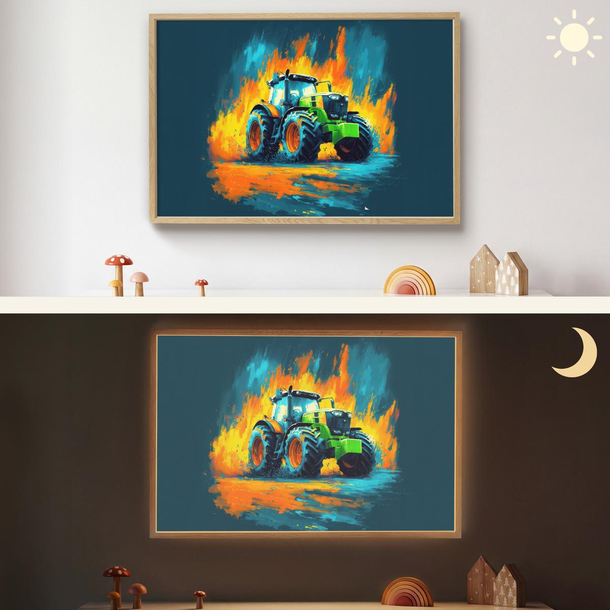 WANDLEUCHTE MIT AKKU Abstrakt - Traktor - Grün 100x70 cm - Dunkelblau, Holzwerkstoff (100/70/8cm) - OnlyWow